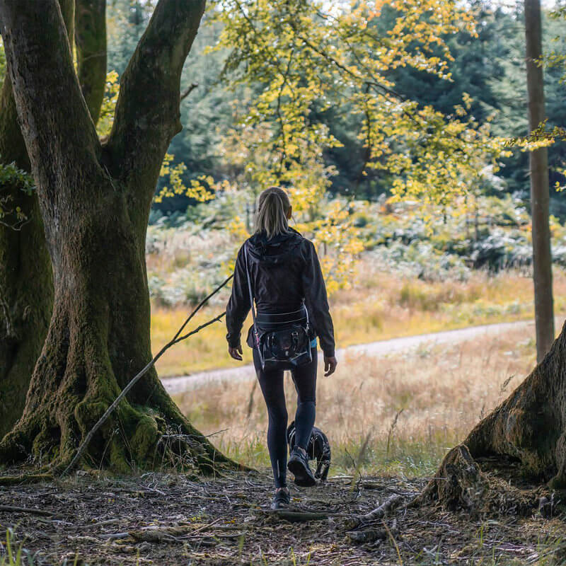 Dogwalkerin im Wald